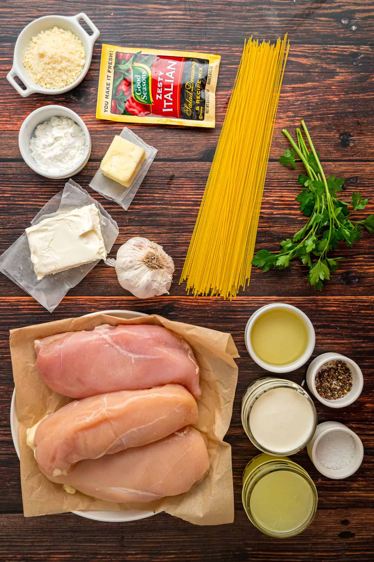 Overhead view of ingredients for angel chicken