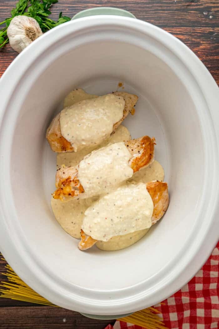 Seared chicken breasts in a crockpot topped with creamy sauce