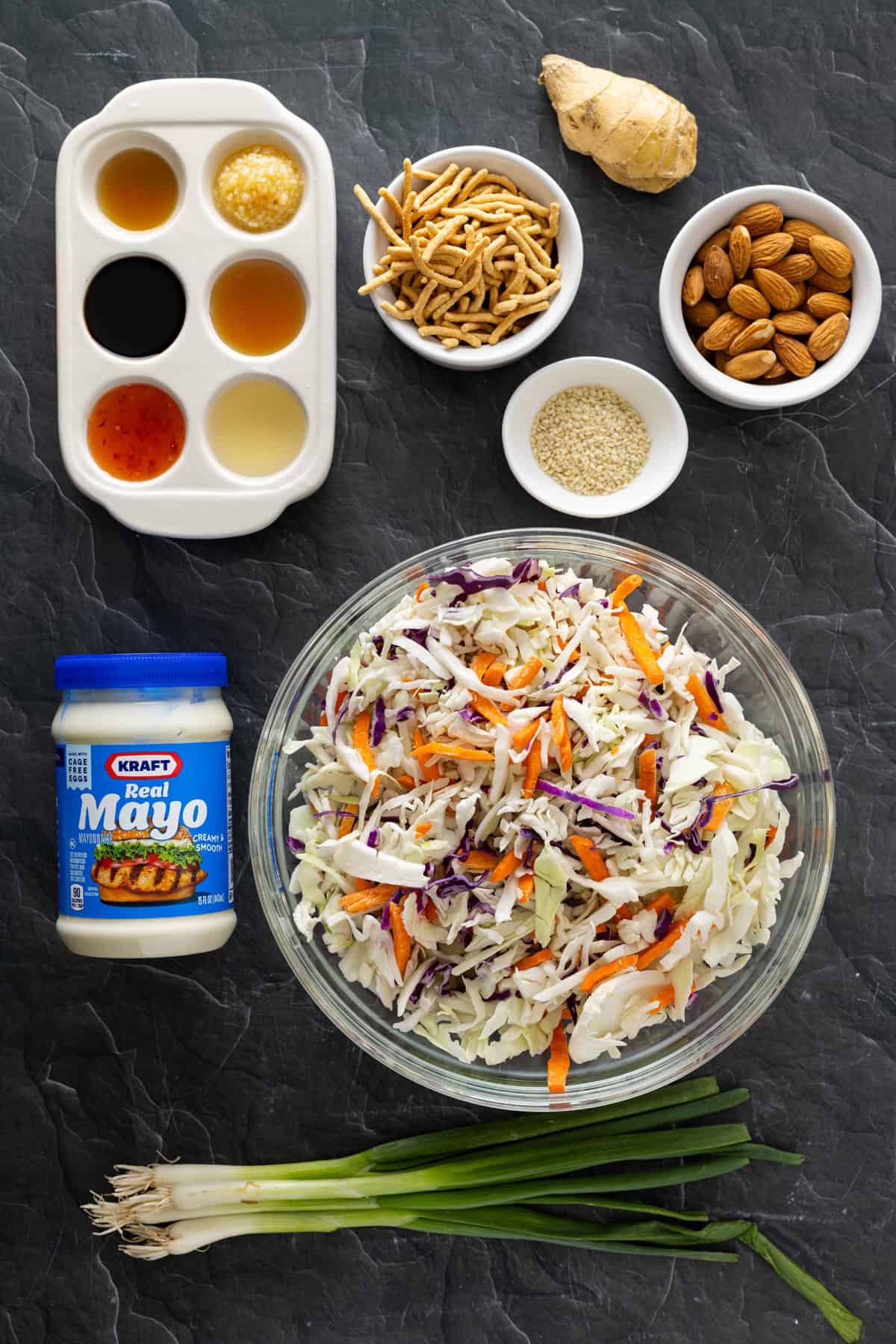 Overhead view of ingredients needed to make Asian coleslaw