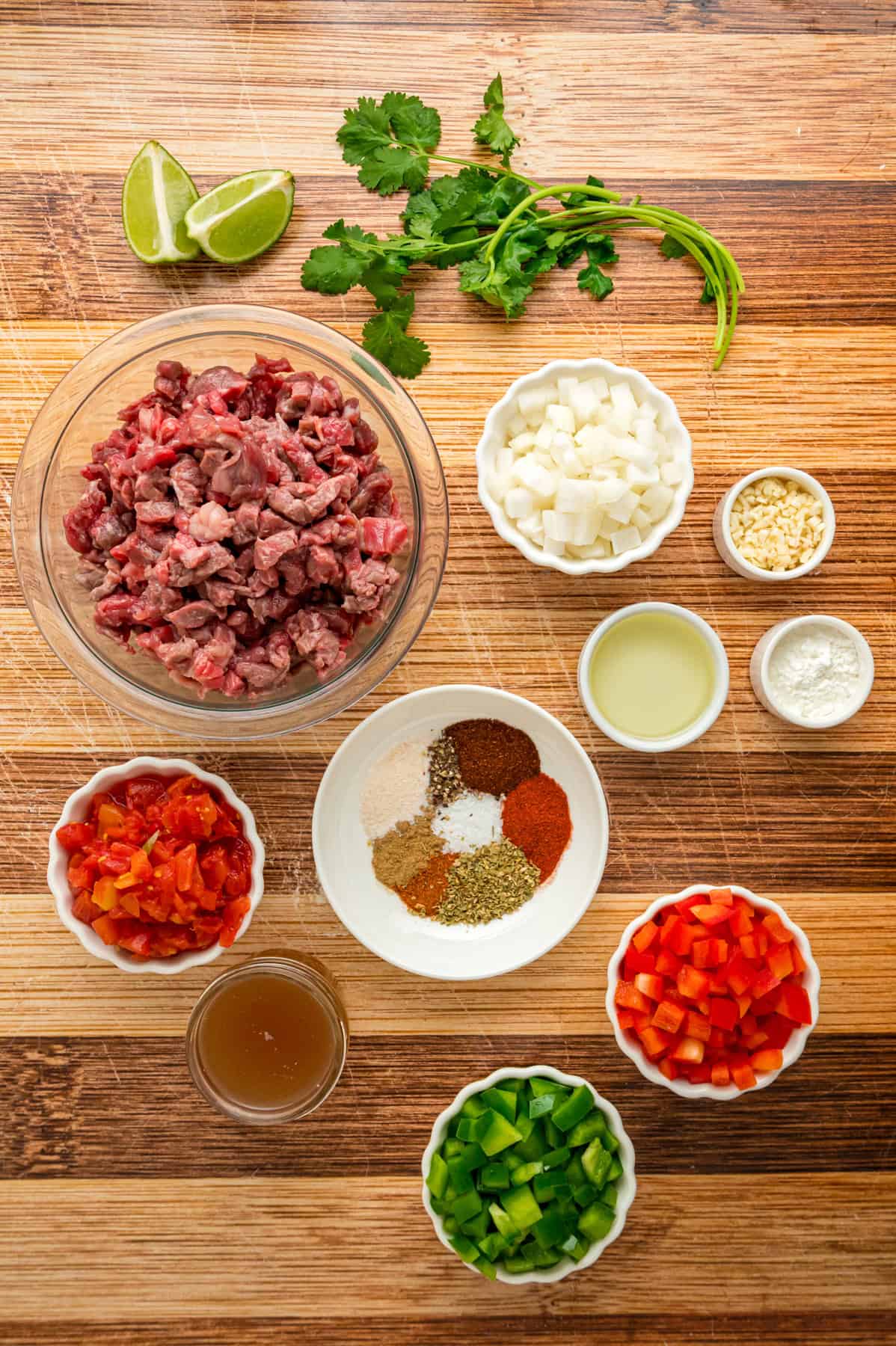 Overhead view of ingredients needed to make carne picada