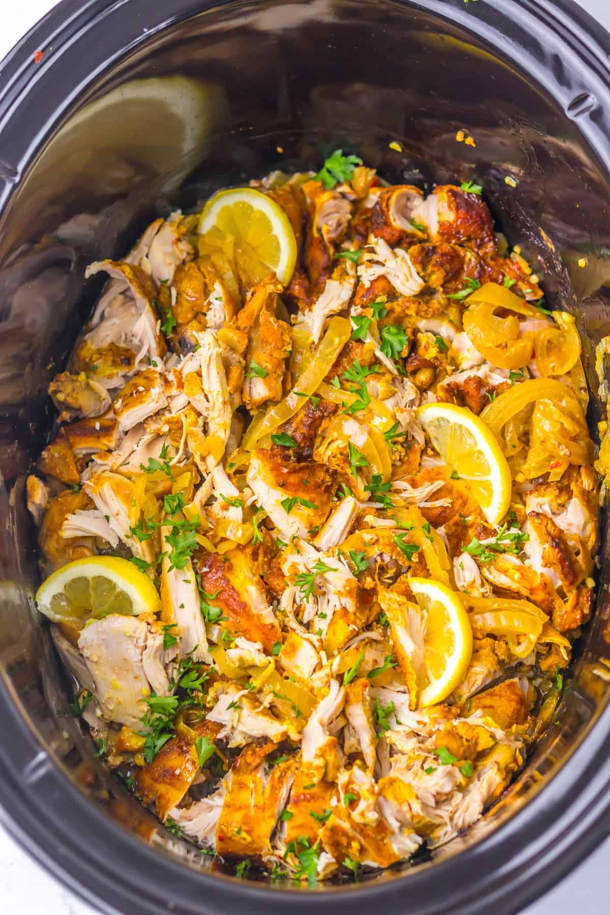 Overhead view of slow cooker chicken shawarma