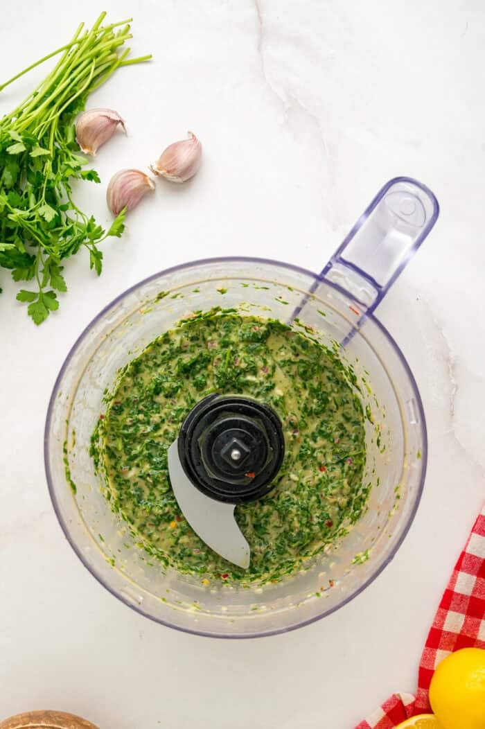 Chimichurri sauce in a food processor