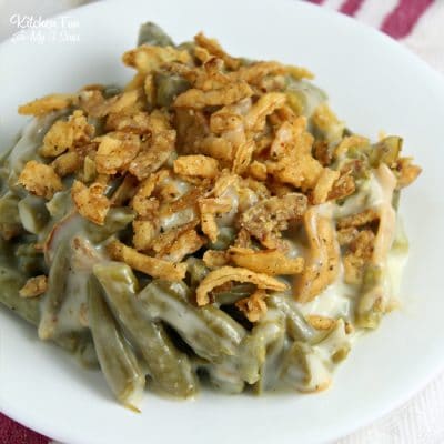 Green bean casserole on a white plate