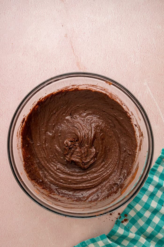 Chocolate brownie batter in a bowl