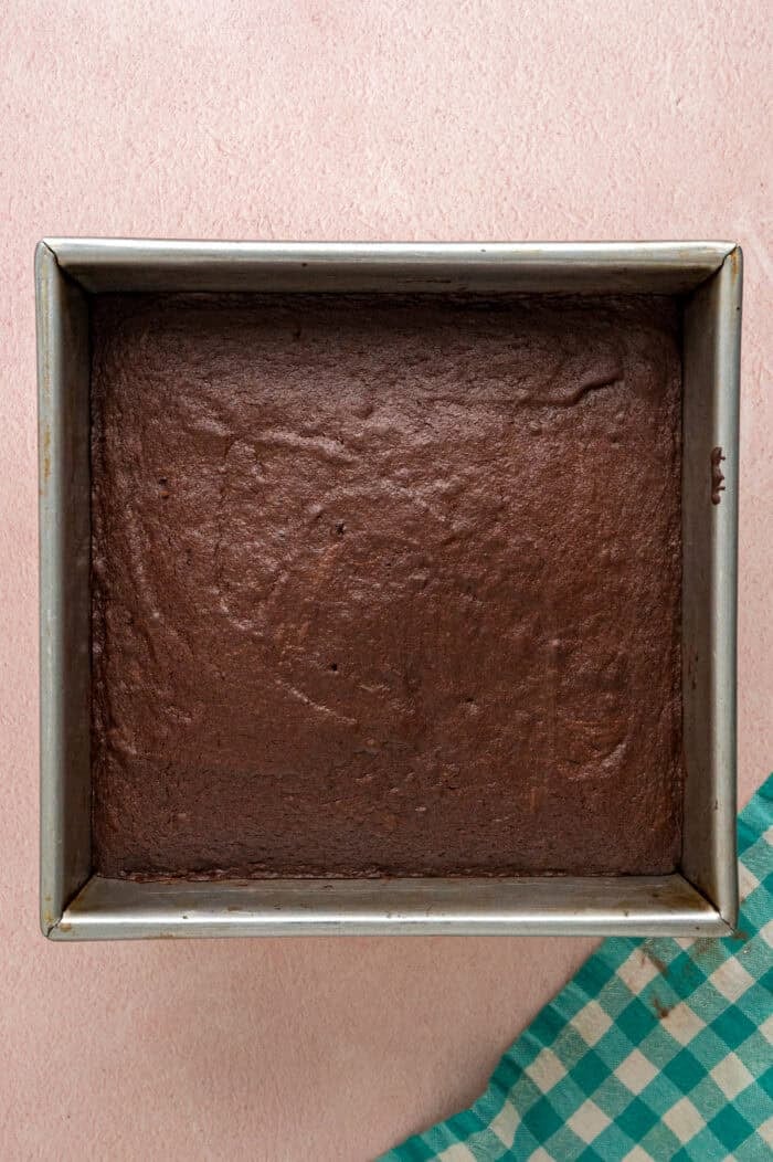 Baked brownies in a square pan