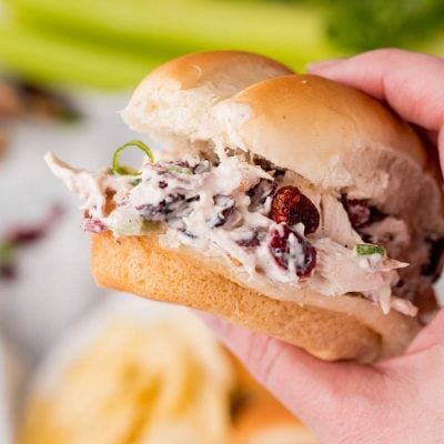 A hand holding up one of the chicken sandwiches.