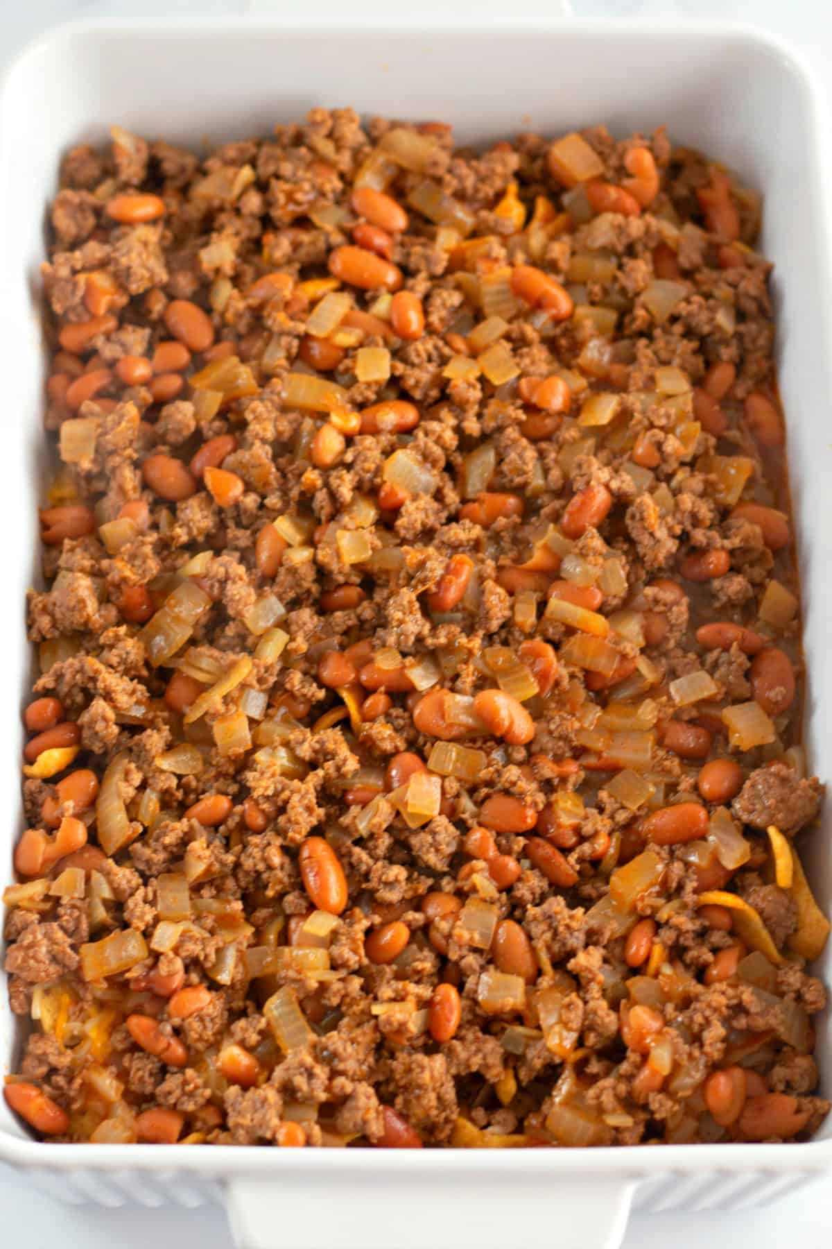 bean and beef mixture in a baking dish