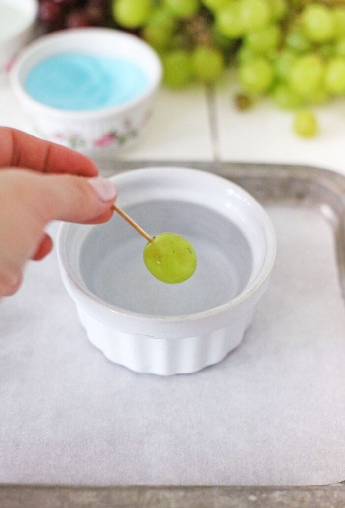 Candy Grapes are frozen grapes dipped and coated in a thin layer of vibrant and flavored Jello mix. dipping a grape into water