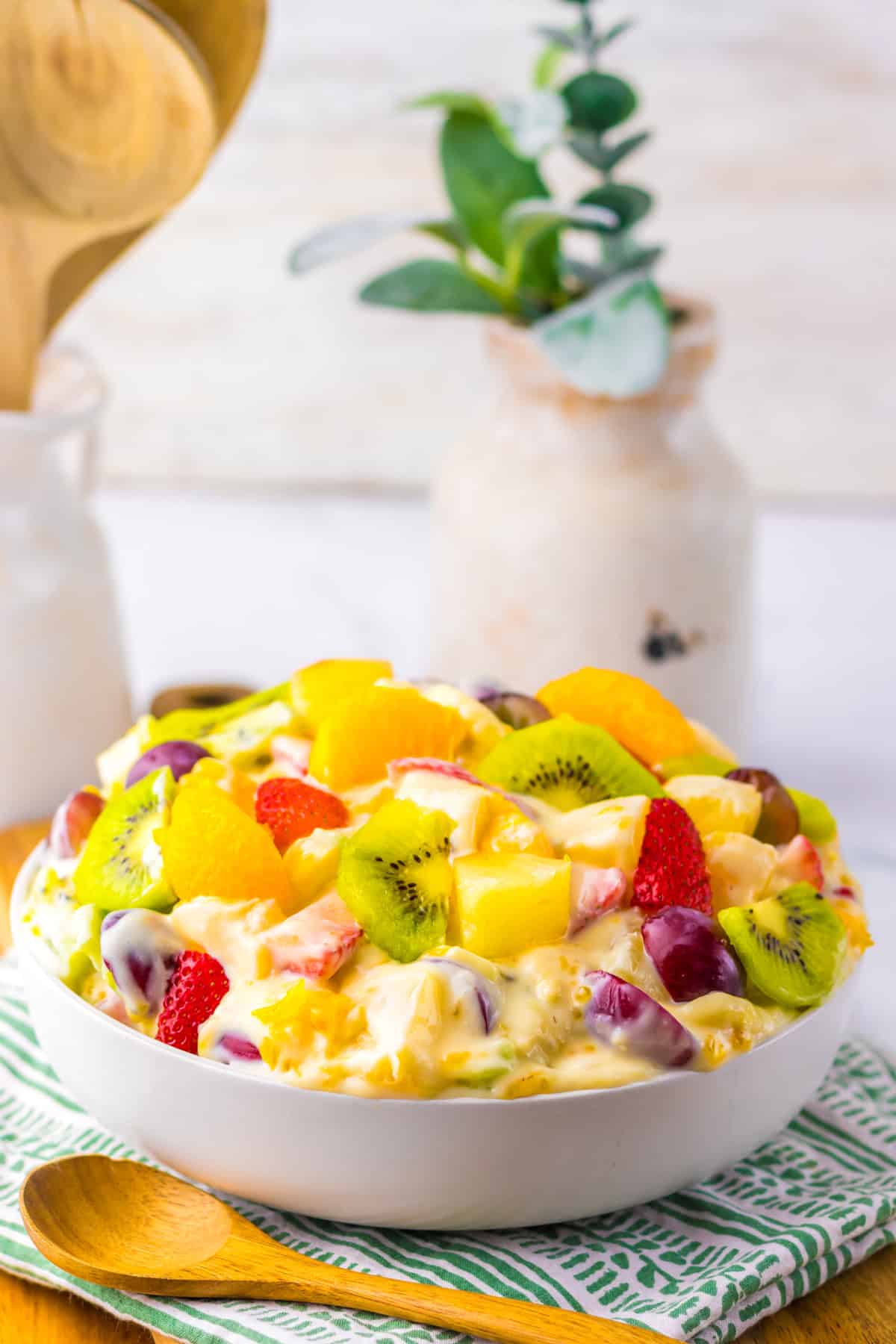 Side view of a bowl of Hawaiian cheesecake salad