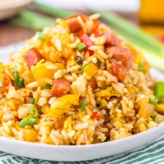 Hawaiian Fried Rice served on a white plate.