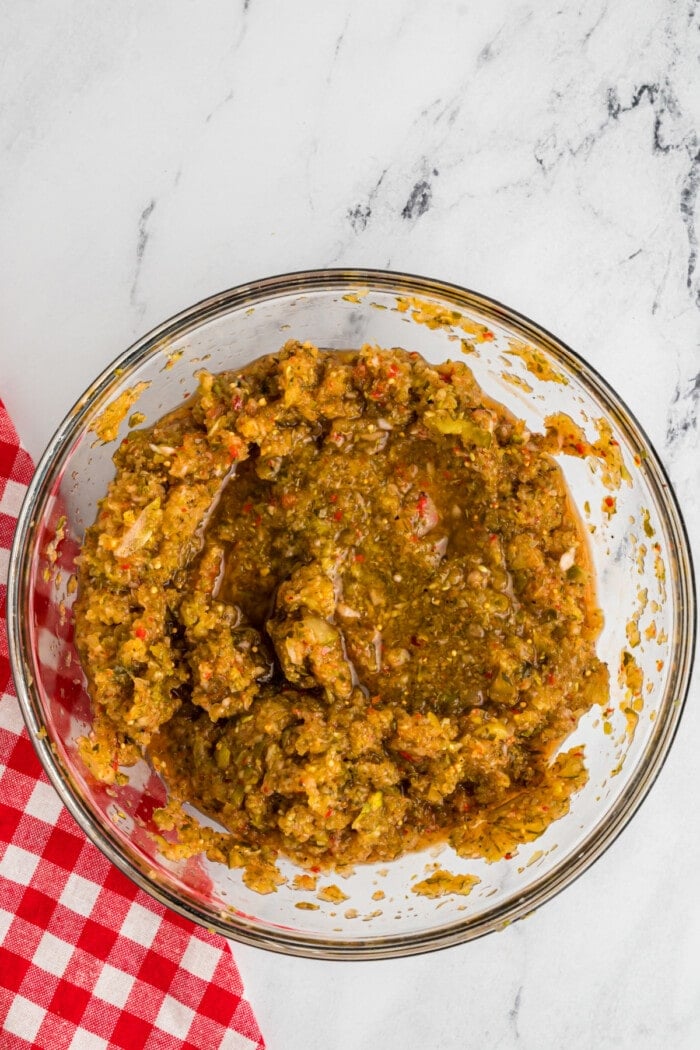 hot dog relish mixed in clear glass bowl