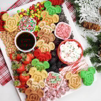 Mickey Mouse Waffles Breakfast Board on a white board.