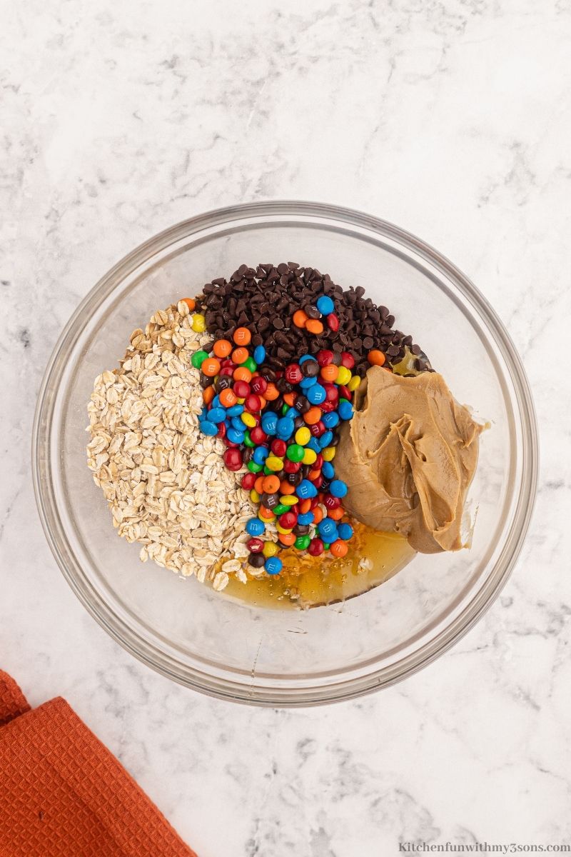 All of the energy bite ingredients in a bowl.