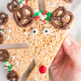 A hand holding a Reindeer Rice Krispie Treat.