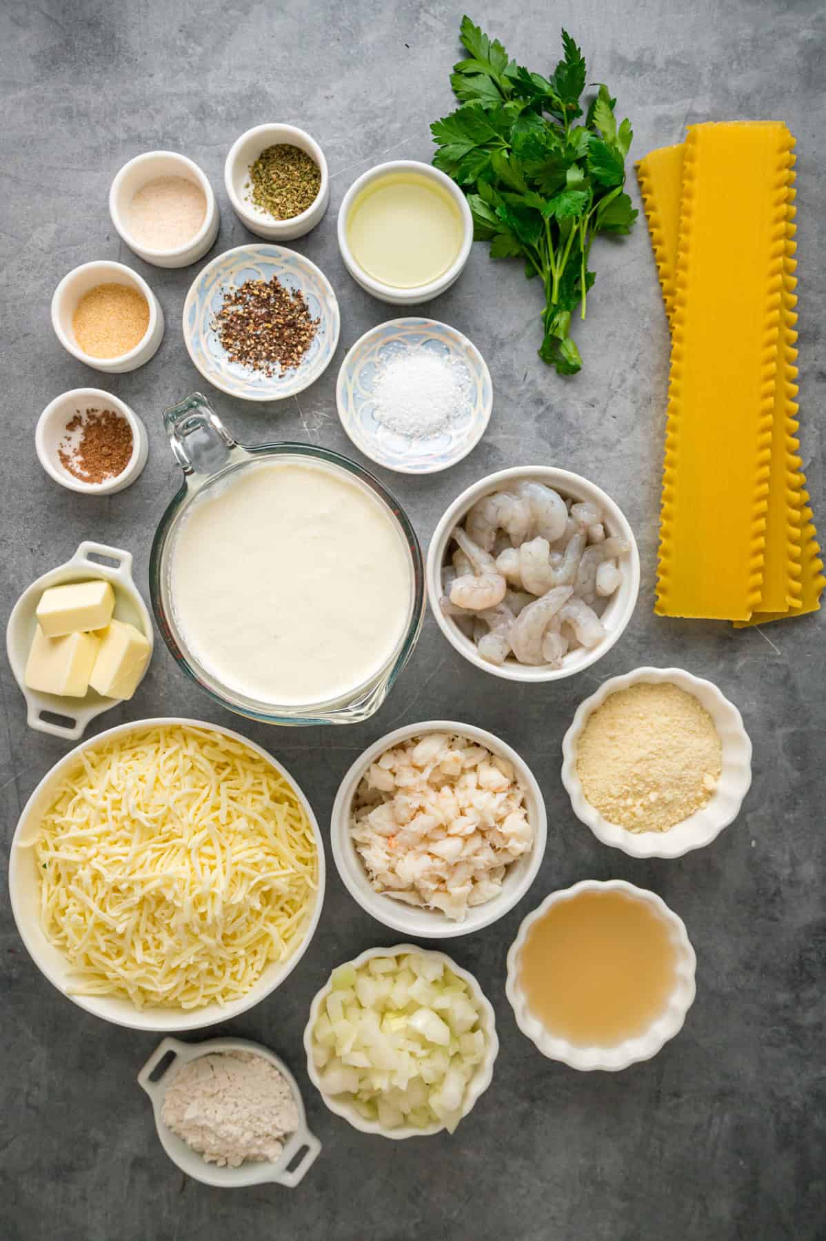 Overhead view of ingredients needed to make seafood lasagna