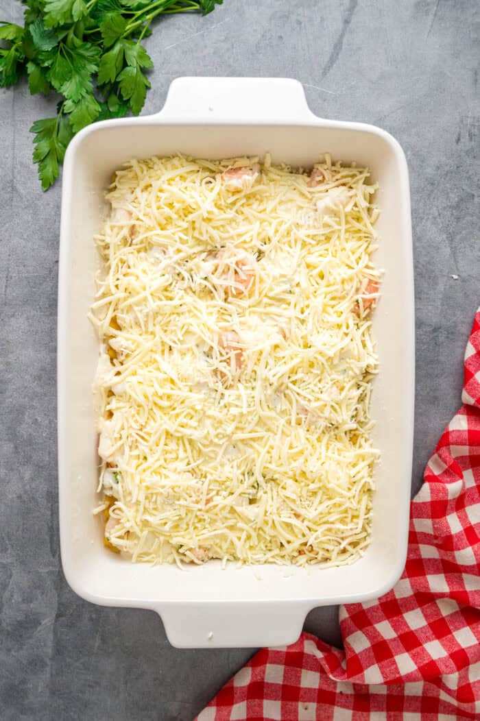Cheese on top of seafood filling in a pan