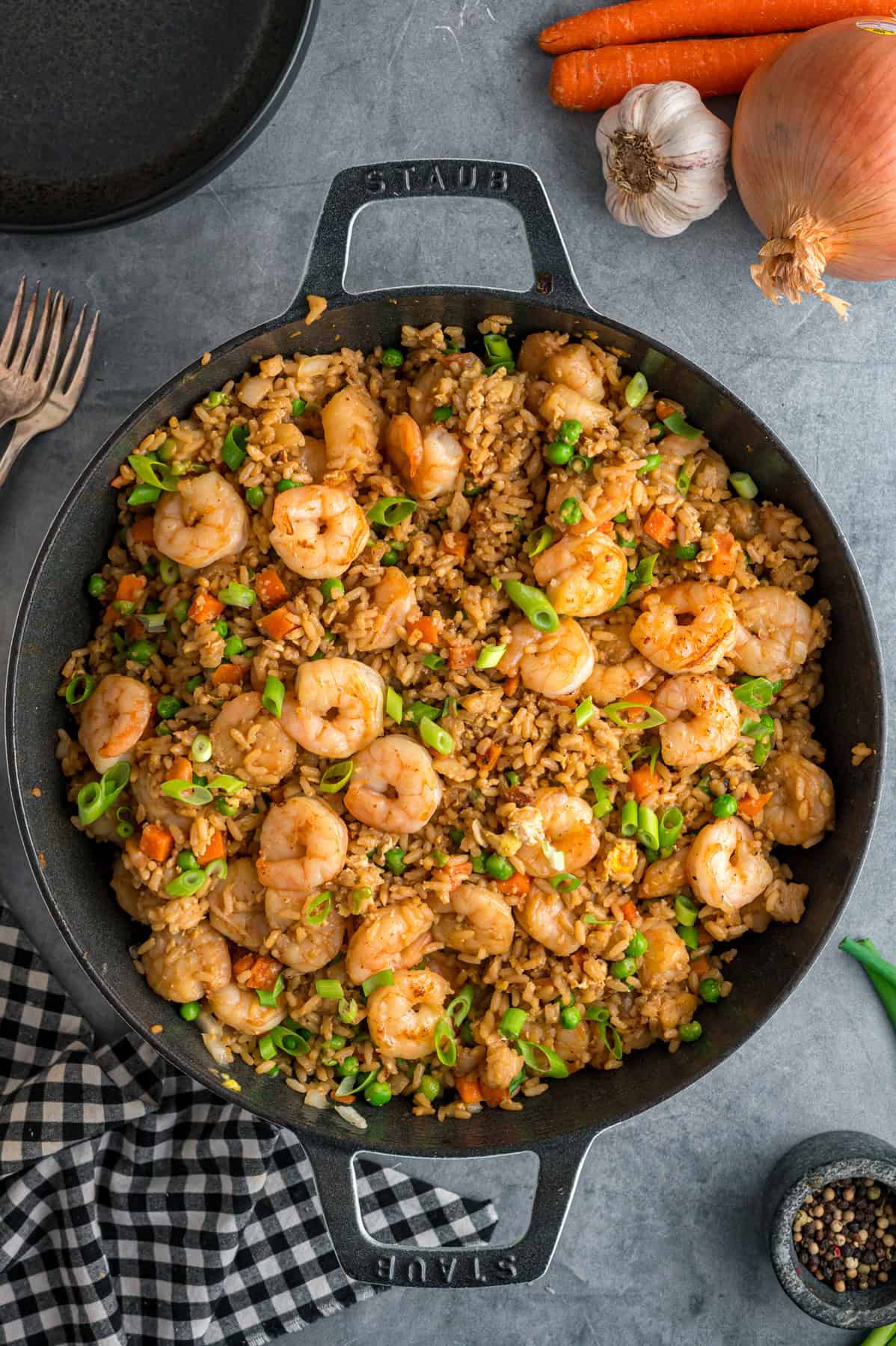 Overhead view of a pan of shrimp fried rice