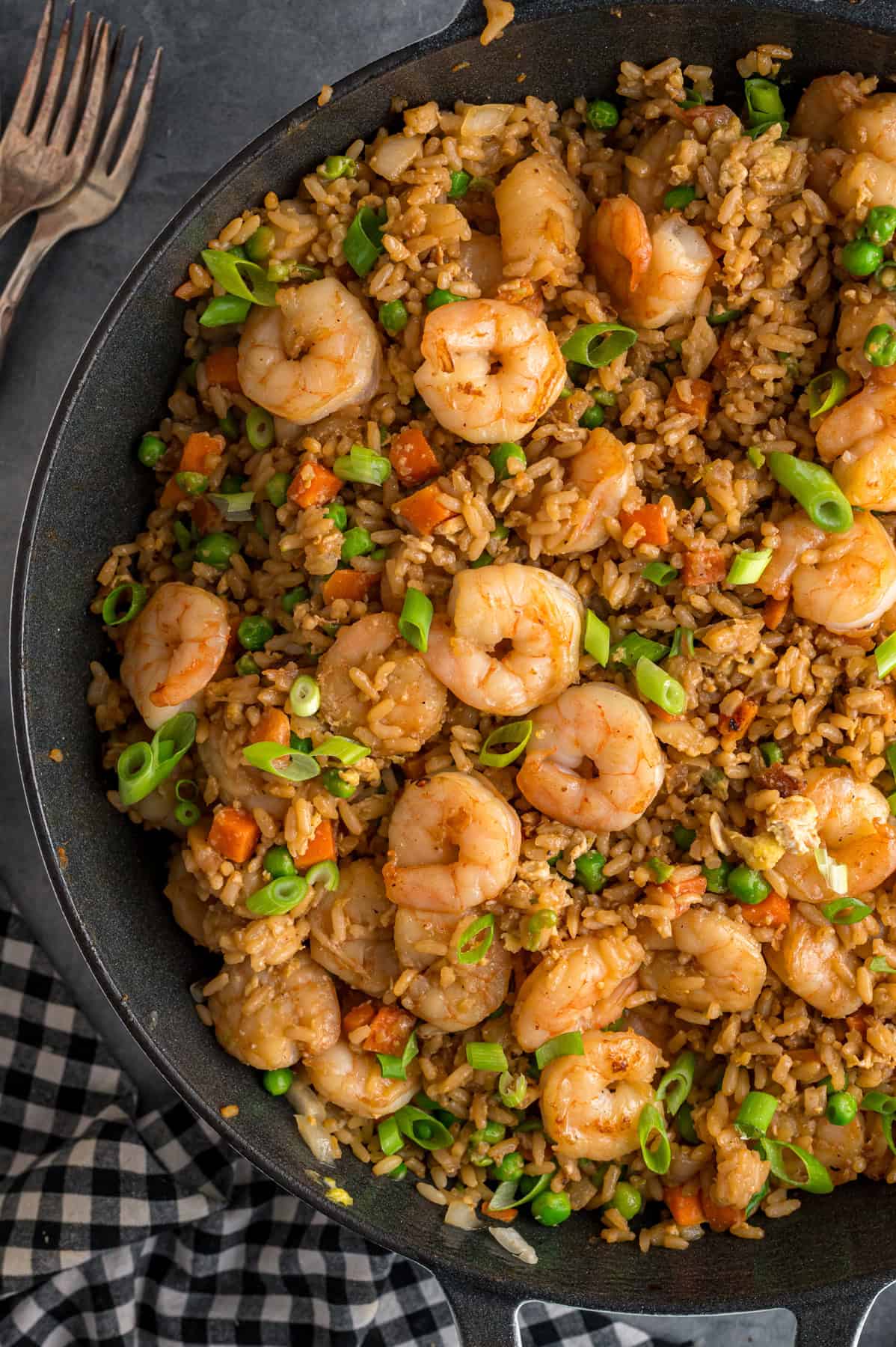 Overhead view of a pan of shrimp fried rice