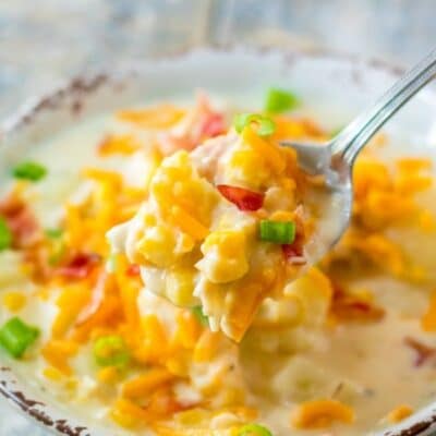 A spoon lifting up some of the chowder.