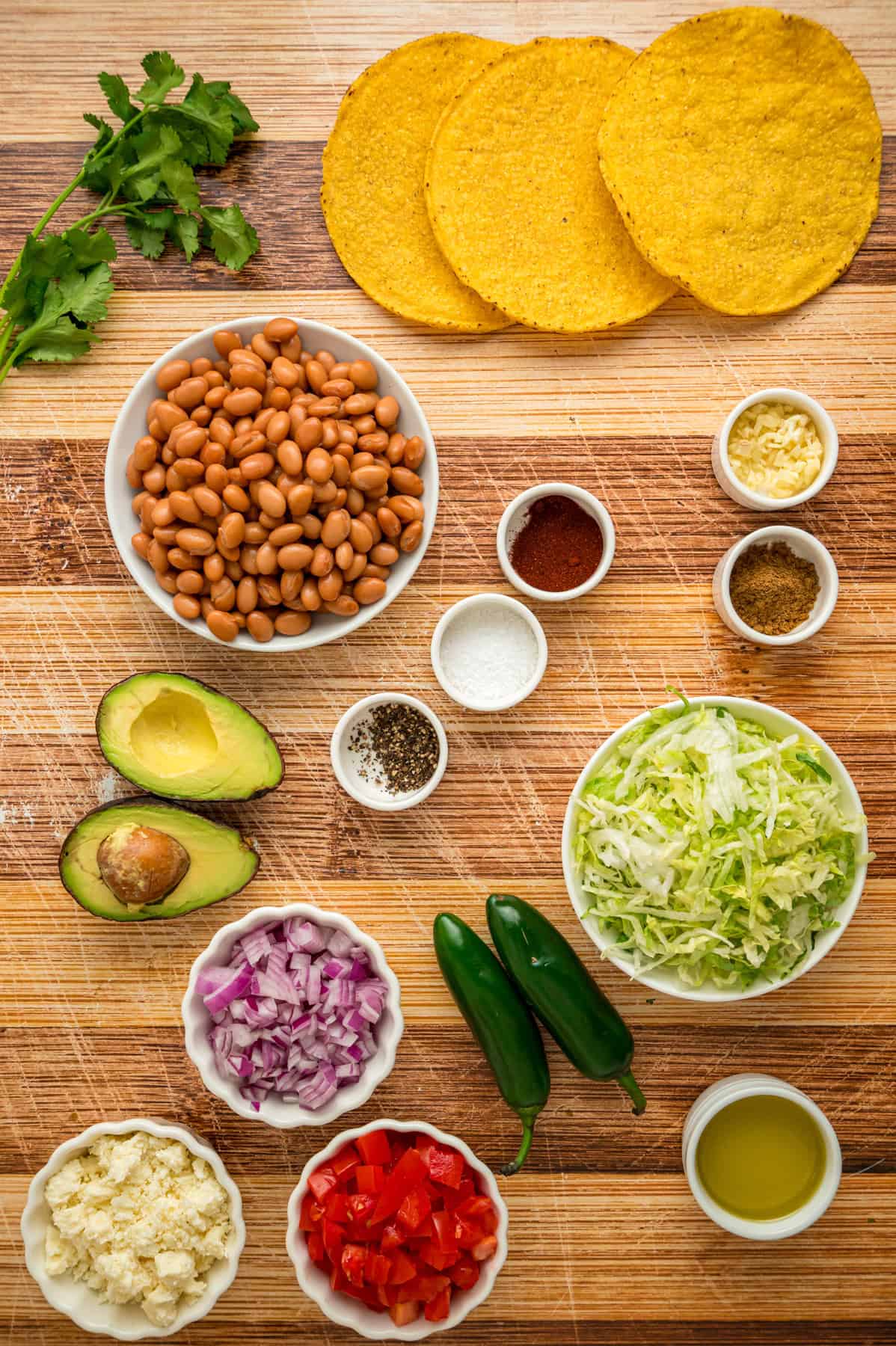 Overhead view of ingredients needed to make a tostada recipe