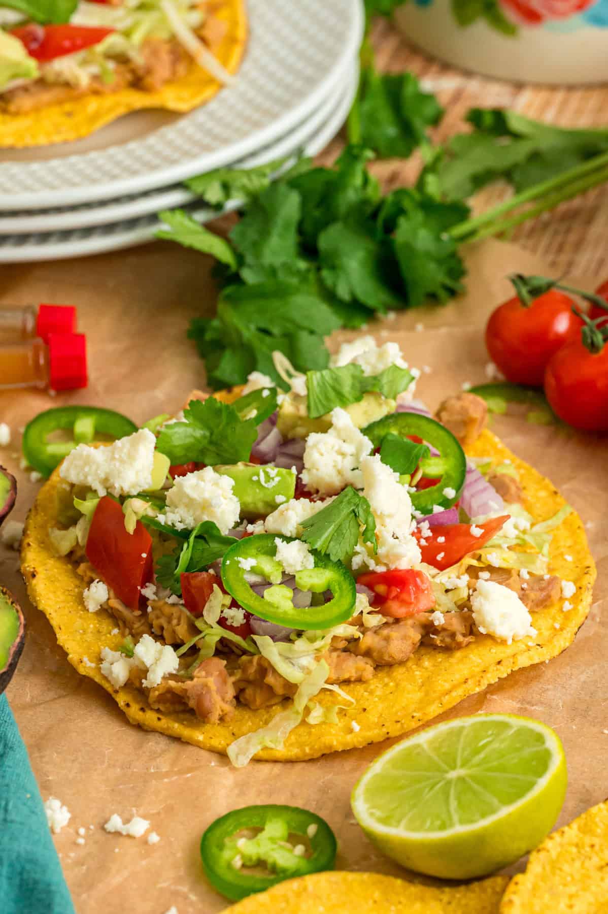 A tostada on a wooden countertop